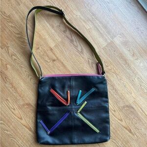 ili new york funky black leather and colorful zipper hobo style shoulder bag